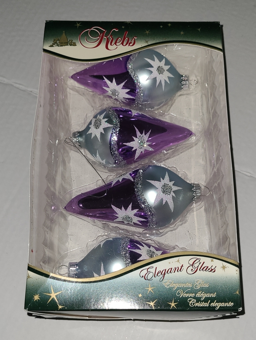 Vintage Krebs Elegant Glass Purple and Silver Holiday Ornaments - Set of 4